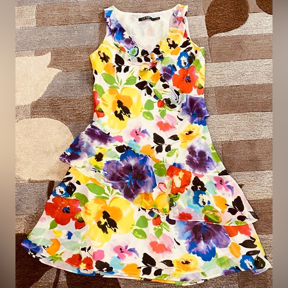 LRL I Brilliant Watercolor Bouquet Georgette Cascading Ruffles Sleeveless Dress - Picture 3 of 6